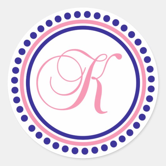 K Monogram (Navy Blue / Pink Dot Circle) Ronde Sticker (Voorkant)