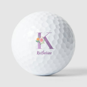 K Monogram Paarse Floral Waterverf Gepersonaliseer Golfballen