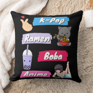 K-Pop, Ramen, Boba en Anime Pop Culture Fan Kussen
