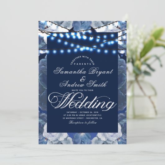 Kaarlichten Blauw Elegant Weddenschap Kaart (Staand voorkant)