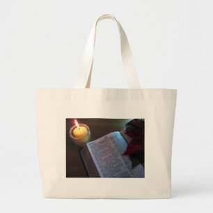 Kaars, Bijbel en Poinsetta Grote Tote Bag