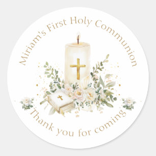 Kaars Kruis Bijbel Rozen Eerste Heilige Communie Ronde Sticker