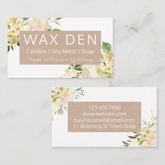 Kaars met witte en Kraft-zeep - zeenvlek en zandko Visitekaartje (Voorkant / Achterkant)