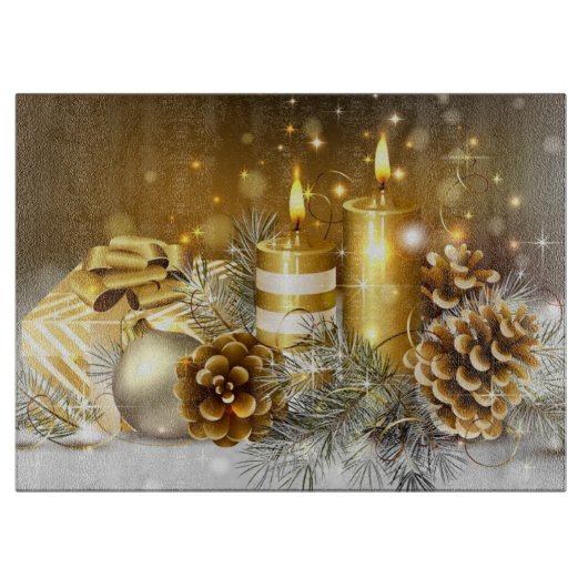 Kaarsen, dennenappels, ornamenten en geschenken snijplank (Voorkant)