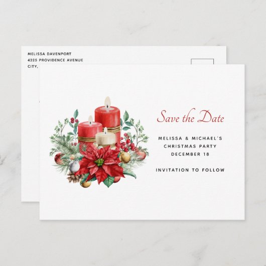 Kaarsen en bloemboeket Kerstmis Save the Date Uitnodiging Briefkaart (Voorkant / Achterkant)