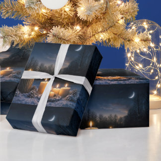 Kaarsen in de sneeuw met een wassende maan Yule Cadeaupapier