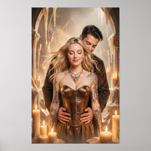 Kaarsverlichte geliefden in gouden stilte poster