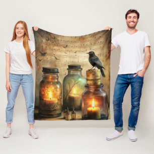 Kaarsverlichte Kraai met Antieke Flessen & Bladmuz Fleece Deken