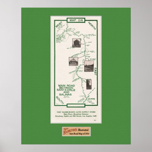 Kaart 1914, Santa Cruz tot Salinas, Groene Mat Poster (Voorkant)