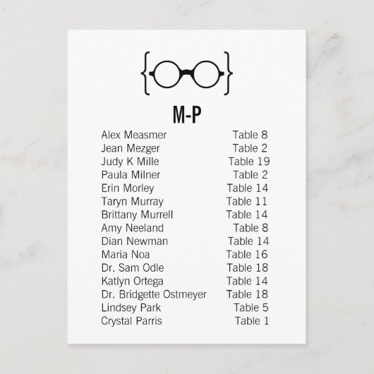 Kaart 9B Geeky Glasses Seating Chart Briefkaart v1 (Voorkant)