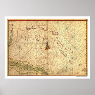 Kaart Bahama's en Cuba 1650 Poster