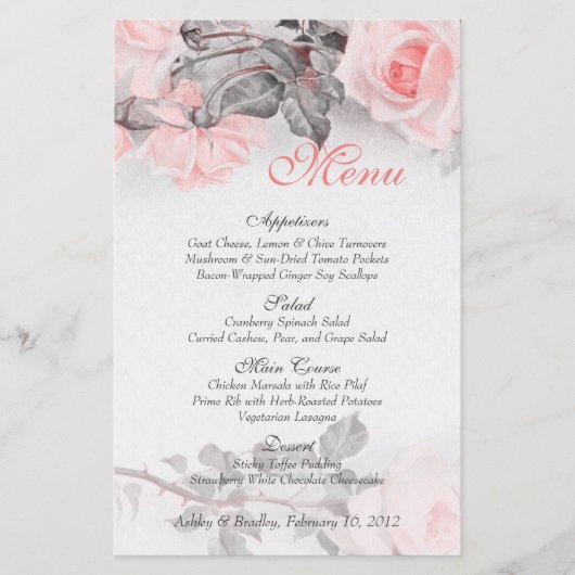 Kaart Blush roze Rose Wedding Menu (Voorkant)