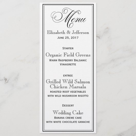 Kaart Elegant Black & White Script Wedding Menu (Voorkant)