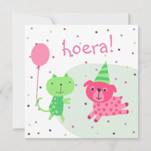 kaart felicitatie poes hond en ballon