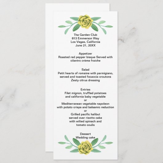 Kaart geel Floral Greenery Foliage Wedding Menu (Voorkant / Achterkant)
