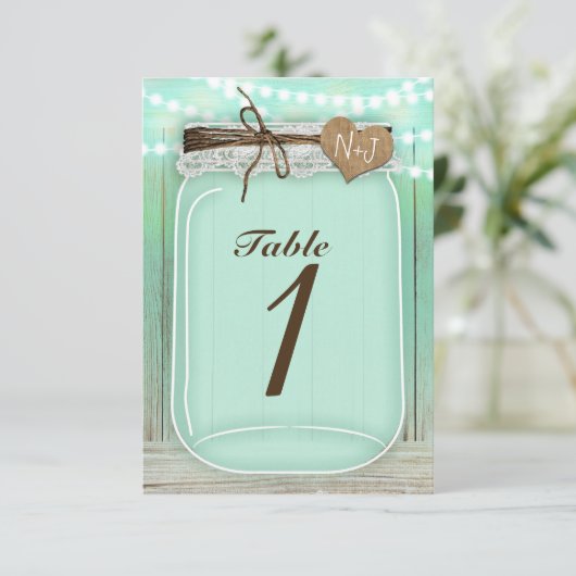 Kaart groot Mason Jar & Lights Mint Table Number (Staand voorkant)