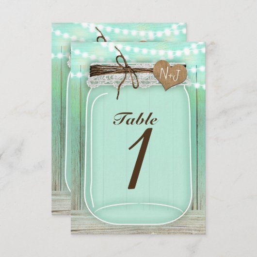 Kaart groot Mason Jar & Lights Mint Table Number (Voorkant / Achterkant)