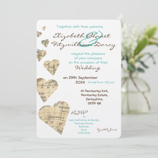 kaart harten bruiloft uitnodiging (Staand voorkant)