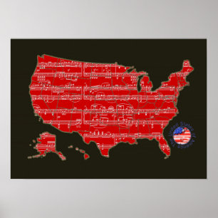 kaart met rode/zwarte Amerikaanse muzieknoten Poster