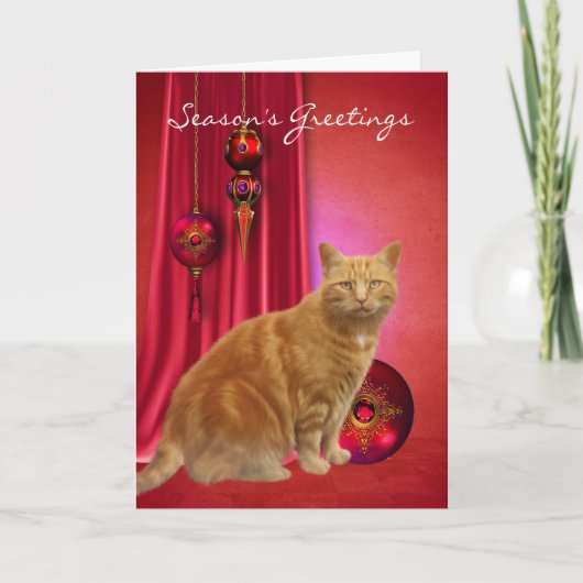 kaart met seizoensgroeten met kat en kerstversieri (Voorkant)