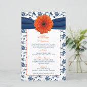Kaart Oranje Daisy Navy Blue Damask Wedding Menu (Staand voorkant)