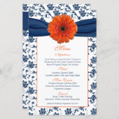 Kaart Oranje Daisy Navy Blue Damask Wedding Menu (Voorkant / Achterkant)