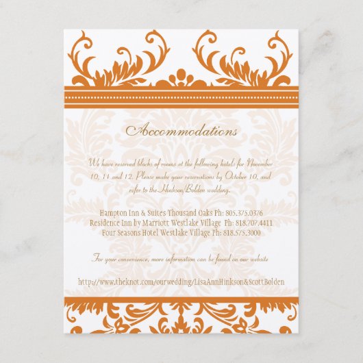 Kaart Oranje en Ivory Damask Wedding Insert (Voorkant)
