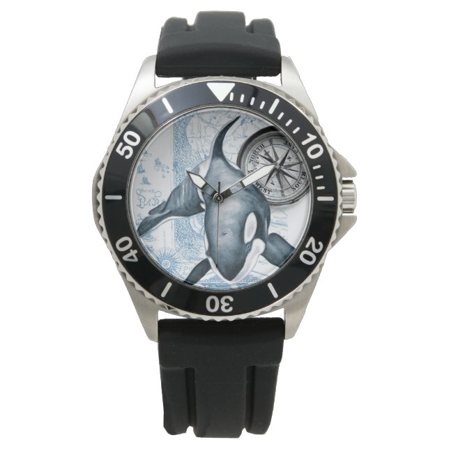  kaart Orca Blue Compass Horloge (Voorkant)