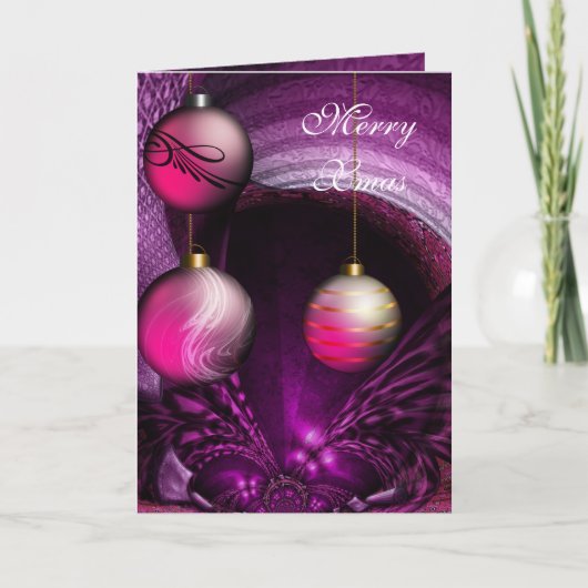 Kaart Prettig Kerstmis Plum Prullenbak Roze Ballen (Voorkant)