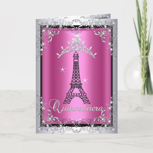 Kaart Quinceanera Pink Silver Tiara Eiffel Tower (Voorkant)