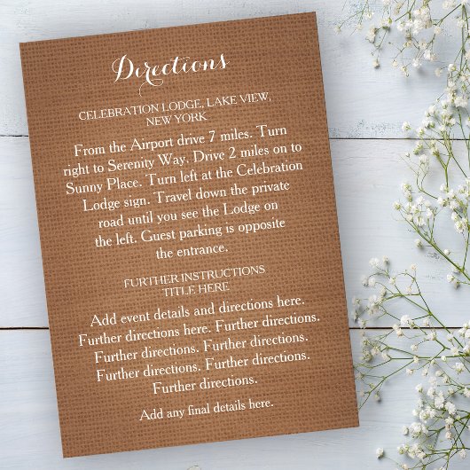 Kaart Rustic Burlap Wedding Directions