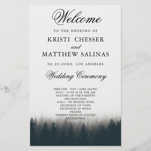 Kaart Rustic Pine Trees Woodland Wedding Program (Voorkant)