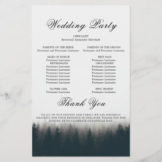 Kaart Rustic Pine Trees Woodland Wedding Program (Achterkant)