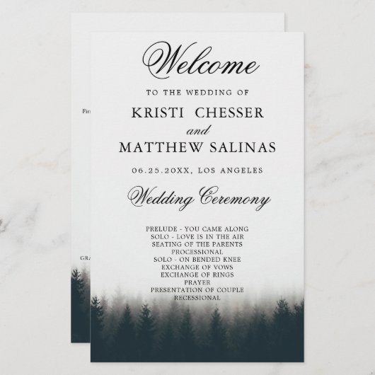Kaart Rustic Pine Trees Woodland Wedding Program (Voorkant / Achterkant)
