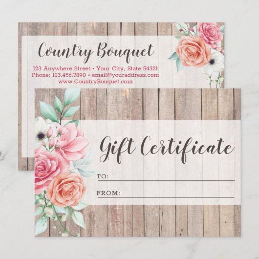 Kaart "Rustisch houten land Floral Cadeat Certific (Voorkant / Achterkant)