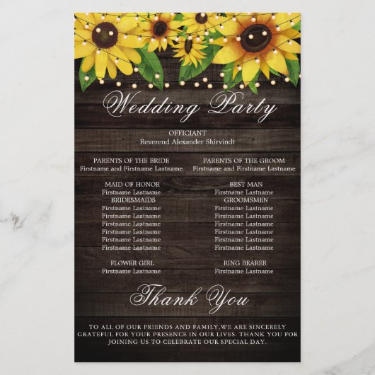 Kaart Sunflower Wood String Lights Wedding Program (Achterkant)