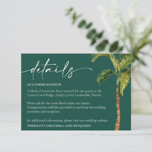 Kaart Tropische palm Trees Wedding Details Enclosu (Staand voorkant)