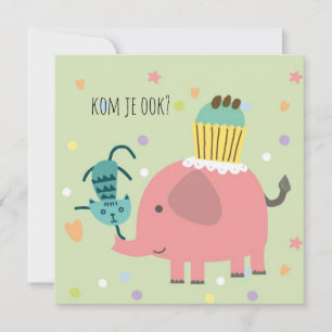 kaart uitnodiging feestje olifantje poes en taart