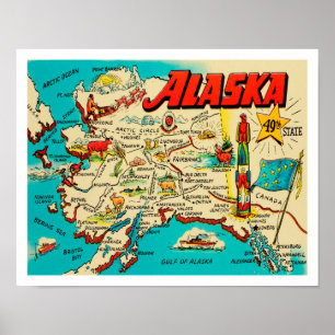  kaart van Alaska in leuke retro kleuren Poster
