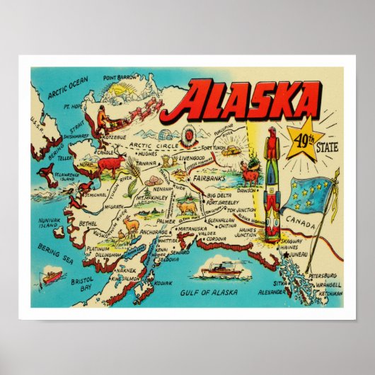  kaart van Alaska in leuke retro kleuren Poster (Voorkant)