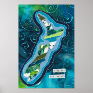 Kaart van Aotearoa New Zealand textiel kunst Poster