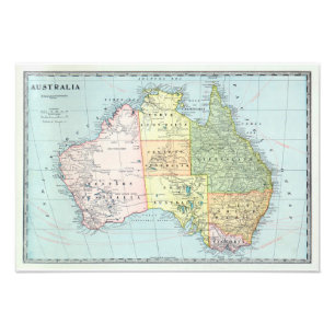 Kaart van Australië met steden en wegen 1932 - Foto Afdruk