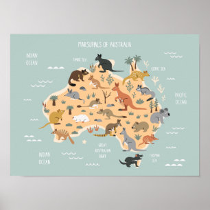 Kaart van Australische buideldieren kinder Poster