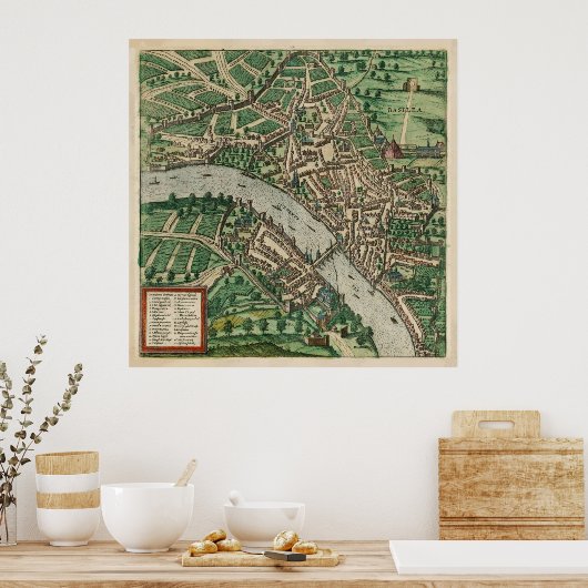 kaart van Bazel Zwitserland (1572) Poster (Keuken)