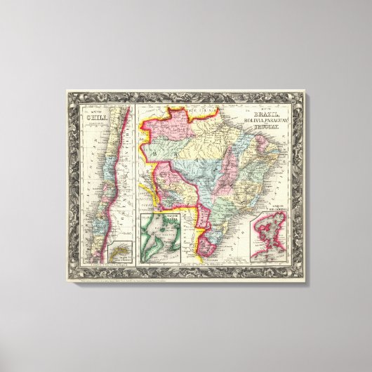 Kaart van Brazilië, Bolivia, Paraguay en Uruguay Canvas Afdruk (Voorkant)