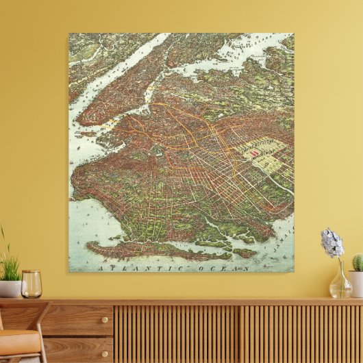 kaart van Brooklyn NY (1908) Canvas Afdruk (Insitu (Woonkamer))