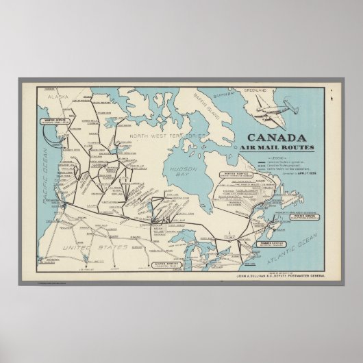 Kaart van Canada - Canada Air Mail Routes Poster (Voorkant)