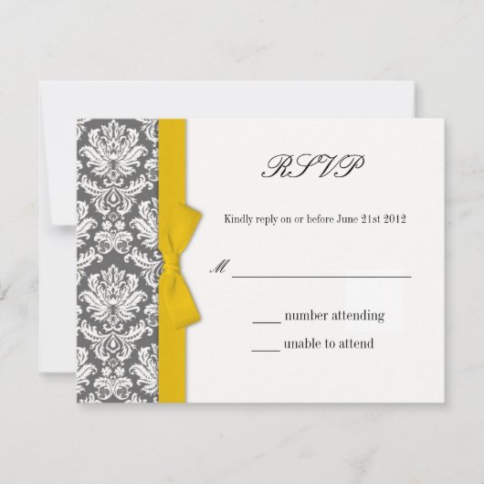 Kaart van Charcoal Damask Yellow Bow Wedding Respo (Voorkant)