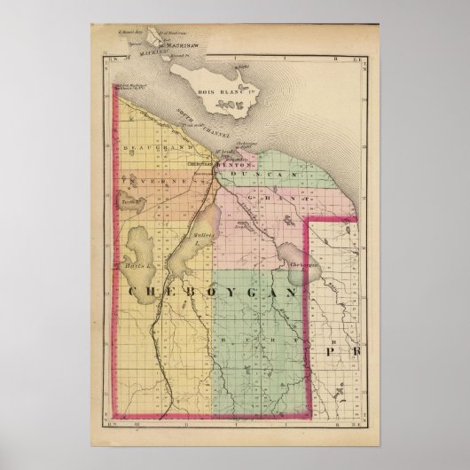 Kaart van Cheboygan County, Michigan Poster (Voorkant)