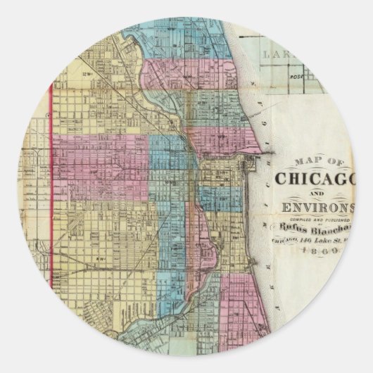 kaart van Chicago (1869) Ronde Sticker (Voorkant)